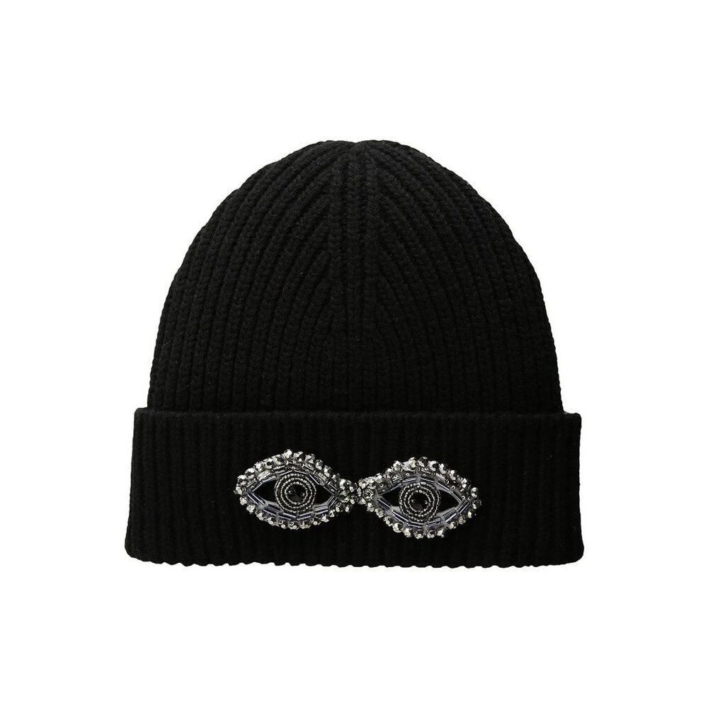 BCBG MaxAzria Black Wool Eye See You Embellished Ribbed Cable Knit Beanie Hat